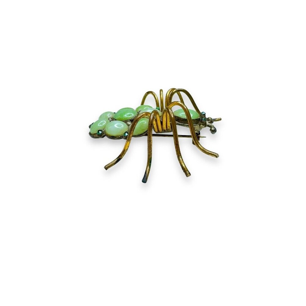 Art Nouveau Jadeite Brass Spider Brooch Green Crystal - Picture 4 of 16